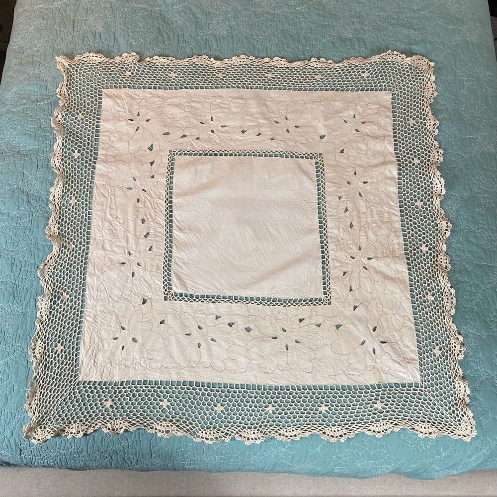Vintage tablecloth handmade crochet off white or Ecru    42”x42”